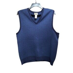 L.L.Bean Mens Medium Navy Blue Lambswool V Neck Sleeveless Sweater Vest chevron